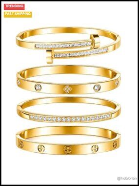 Gold Plated Bangle Bracelet Set Stainless Steel Hinged Stackable
